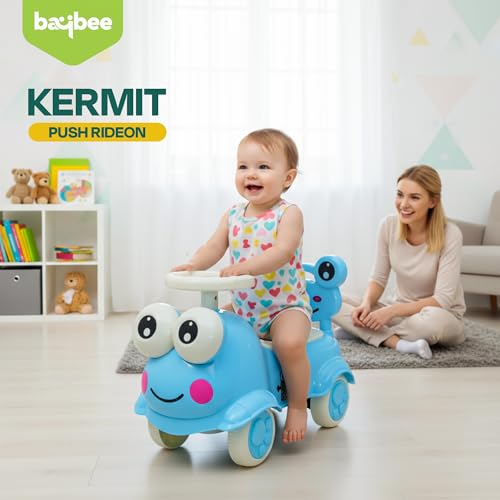 Image of Baybee Kermit Ride on Cars for Kids | Indoor Baby Push Ride-ons with Glowing Lights & Safety Backrest | Portable Kids Car with Music & Toy Storage | Outdoor Rider Cars for Kid 1 to 3 Years (Blue)