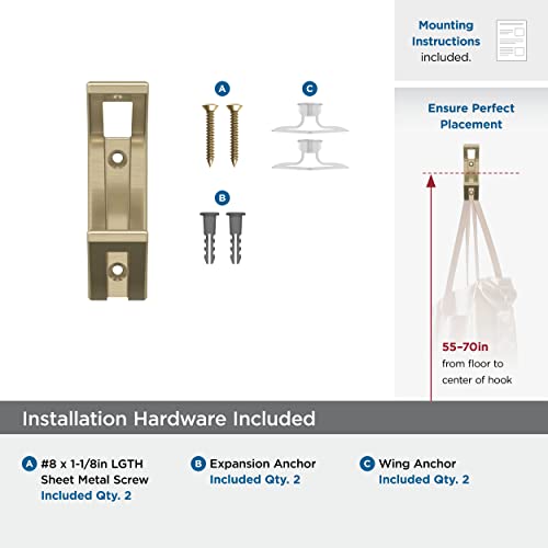 Image of Amerock Avid Double Prong Golden Champagne Wall-Mounted Hook | Decorative wall hook in durable zinc construction for coats, hats, bags, towels, and everyday organization