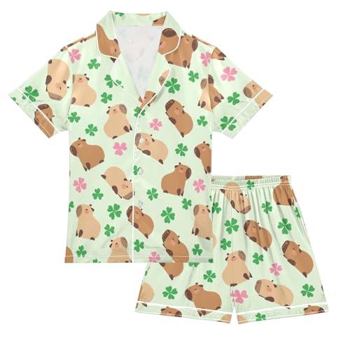 Capybara with Lucky Clover Green Summer Satin Pajama Set, Cute Button-Down Sleepwear Pj Set for Sleep Wears