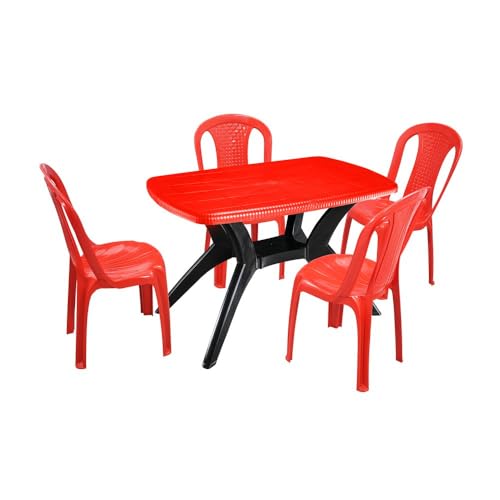 Image of Furniture 4 Seater Max Plastic Cross Leg Dining Table and 4 Nos SW-01701 Without arm chairfor Home, Garden & Cafeteria (Finish Color -Red top with Black Legs, DIY(Do-It-Yourself)