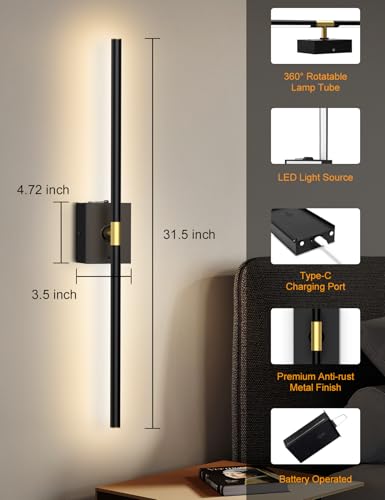 Image of Battery Operated Wall Sconces Set of 2: 10000mAh Rechargeable Wall Lights, Easy Install 360 Rotate 3000K-6000K LED Wireless Wall Light Decor for Bedroom Living Room Hallway Picture Lighting Gallery