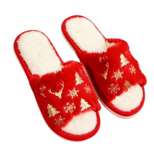 Pantuflas navideñas para mujer, de peluche, para invierno, duraderas, cerradas, de fieltro suave, cómodas, suela antideslizante, zapatillas de Navidad para mujer, B rojo, 38 EU