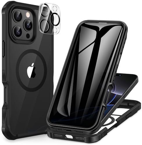 CENHUFO Magnética Antiespia Funda iPhone 16 Pro, Compatible con MagSafe Integrado Privacidad Cristal Templado Protector Pantalla y Protector cámara, 360 Grado Antigolpe Carcasa Capa Doble Case  Negro