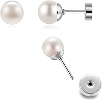 Vista 11 de Pearl Stud Earrings for Women,Flat Screw Back Pearl Helix Earrings Cartilage Earrings 316L Surgical Steel Piercing Jewelry Gift(7,8,9,10mm Pearl)