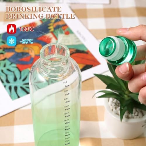 Image of Borosilicate Water Bottles, H2O Fridge Water Bottle with Cap, Leak proof & Airtight Lid, Water Bottle for Office, School, College - 1000ml Bottles with Time Marker (Green)
