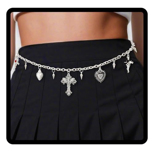Navoky Goth Waist Chain Y2k Silver Cross Heart Belt Women Charms Skeleton Punk Body Chain for Pants and Dress
