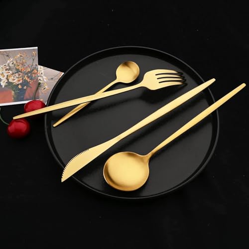 Image of Royal Gold Silverware Set | 24-Piece Satin Finish French Style Stainless Steel Flatware | Elegant Giftable Box | Dishwasher Safe Cutlery for Home, Restaurants & Corporate Gifting