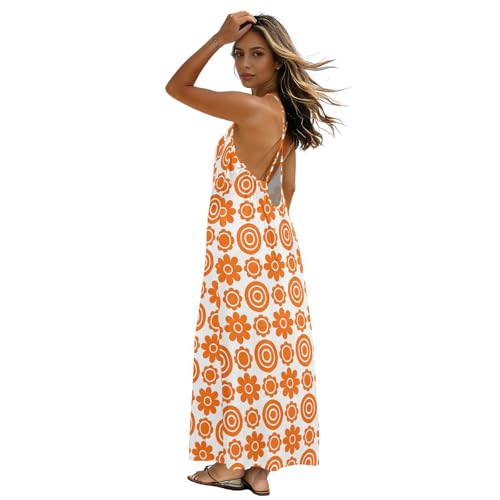 Vestido de tirantes largos con espalda expuesta para mujer, cómodo, suave, holgado, fluido, se adapta a varias ocasiones, flores retro naranjas, Flores retro naranjas, XXXXL