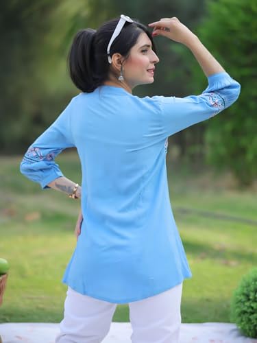 Image of Women's Viscose Rayon Embroidered A-Line Short Kurti Above Knee Regular Fit Tunic Top Office Wear Casual short kurti for women | office wear top | A-line kurti | raksha bandhan gift dress for women