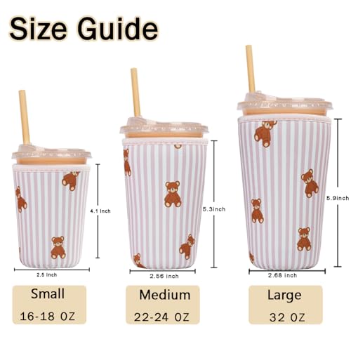 Image of Reusable Insulated Sleeve for Iced Coffee Cup, 3-Pack Coffee Neoprene Drink Sleeve for Cold & Hot Drinks, Beverage Holder for Iced Coffee (Pink Stripe Bears)