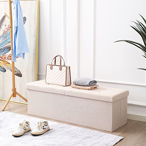 Image of Storage Ottoman Bench Foldable Footrest Foot Stool, 45 inch Fabric Cream | Small Ottoman Foot Rest Seat Shoe Bench Flip-Top forliving Room End of Bed Bedroom Couch Dorm 166L Folding Upholstered Chair