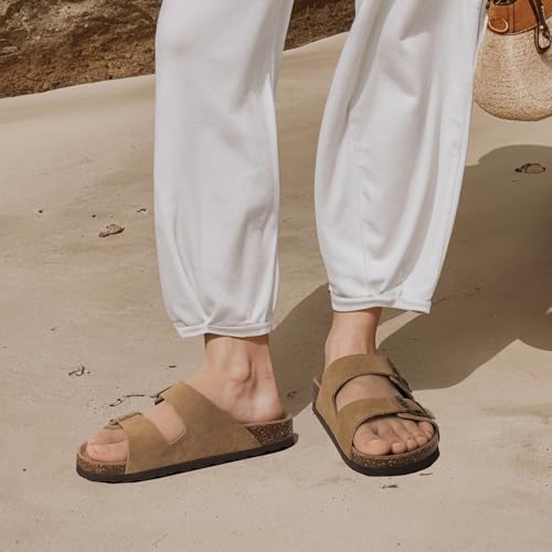 Image of ODOLY Unisex Comfortable Cork Footbed Slide Sandals with Arch Support | Adjustable Buckle, Lightweight Summer Sandals for Travel and Everyday Wear