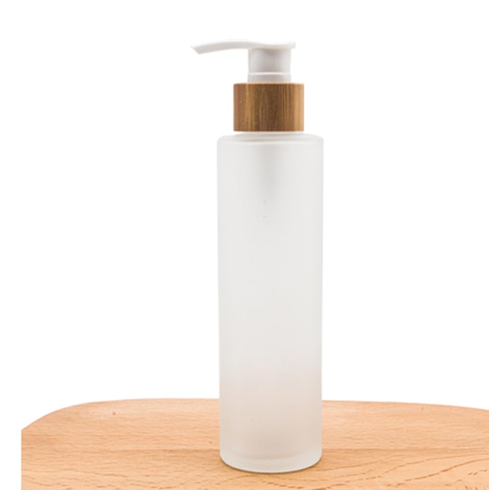 150ml/5oz Empty Frosted Glass Lotion Pump Dispenser Bottle with Wood Lid Refillable Makeup Cosmetic Cream Shampoo Toiletries Container Storage Jars for Bathroom Bedroom - Image 3
