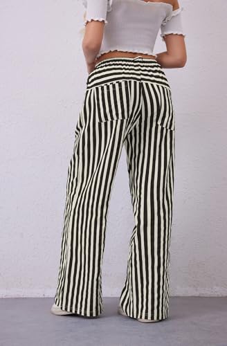 Image of MISSACTIVER Women Drawstring Striped Pants Loose Wide Leg Trousers Casual Low Waist Pants Comfy Lounge Pants with Pockets Black White