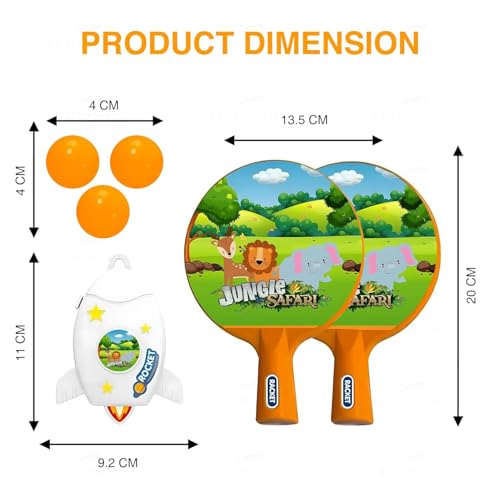 Image of Hanging Table Tennis Trainer for Kids Indoor Self Training Portable Ping Pong Set 10 Pieces 2 Racket 2 Balls 2 Hooks 1 Jungle Hanger and 2 Jungle Safari Stickers in 1 Jungle Box