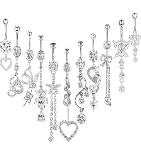 TIANCI FBYJS 14G Women Belly Button Rings Surgical Stainless Steel Dangle Belly Rings 10mm Belly Bar Body Piercing Navel Jewelry Butterfly Heart Flower Dangling Silver Gold Belly Piercings 11pcs