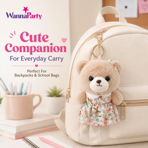 Image of Wanna Party Teddy Bear Plush Keychain, Cute Soft Bear Bag Charm with Floral Dress & Gold Metal Chain