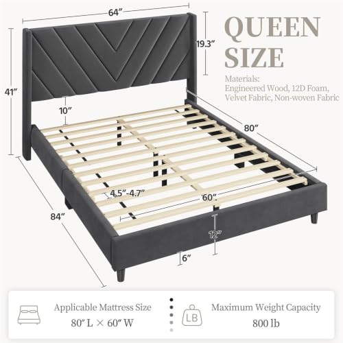 Image of Yaheetech Queen Bed Frame Upholstered Platform Bed /Wooden Slat Support /Tufted Headboard with Wing Side /Mattress Foundation /No Box Spring Needed,Dark Gray Queen