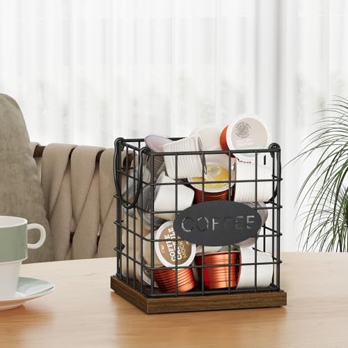 Image of YINMIT K Cup Holder Organizer, Rustic Coffee Pod Holder Organizer, 35 Kcup Holder for Counter with Handle，Large Capacity Black Wire Coffee Capsule Basket for Kitchen Office Desktop (Square Grid)