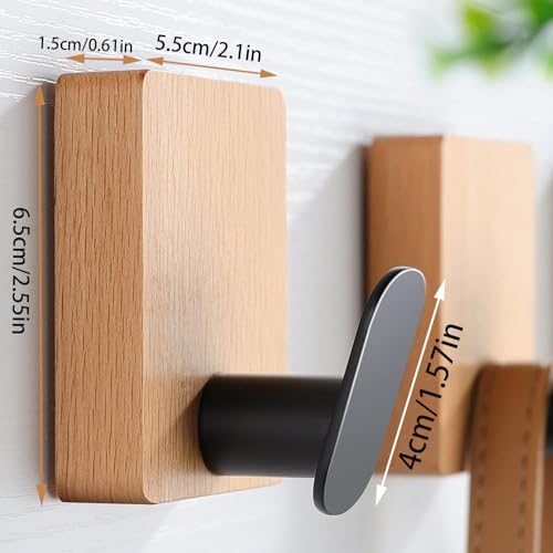 DELITON Towel Hooks Wall Mounted - Adhesive Bathroom Coat Hooks for Hanging Robes Clothes Light Brown, Black Solid Wood Beech Wall Hook 4 Packs