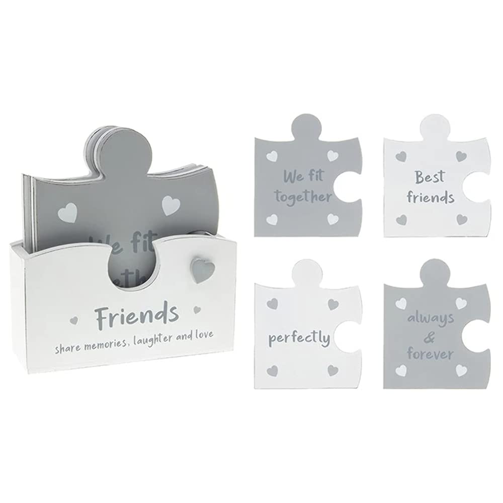Shudehill Giftware Friends Jigsaw Puzzle Shaped Wooden Coasters In A Holder Shabby Chic 12.5 Cm