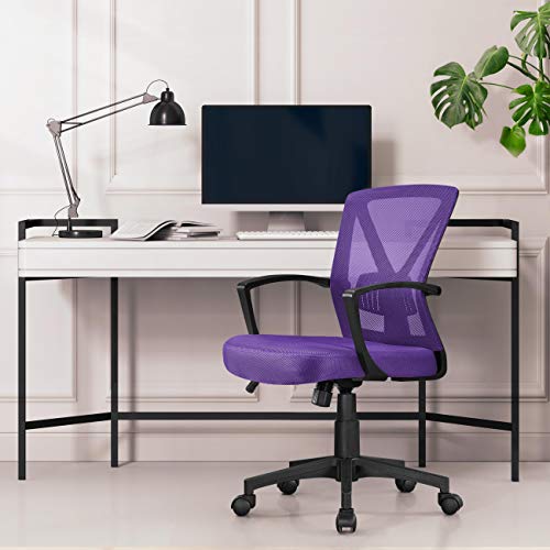 Image of Yaheetech Mid-Back Mesh Task Office Desk Chair with Wheels and Arms, Purple | Breathable mesh back and foam-padded seat for all-day comfort; sturdy metal frame, height adjustable, and easy to assemble