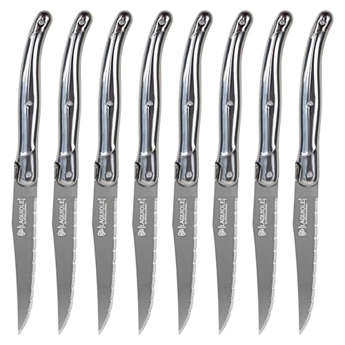 FSYGloryGlides Couteaux à Steak Style Classique – Set de 8, Lames Dentelées en Acier Inoxydable, Manche en Bois Naturel, Usage Quotidien & BBQ, Coffret Cadeau (Ensemble 8 pièces argenté)