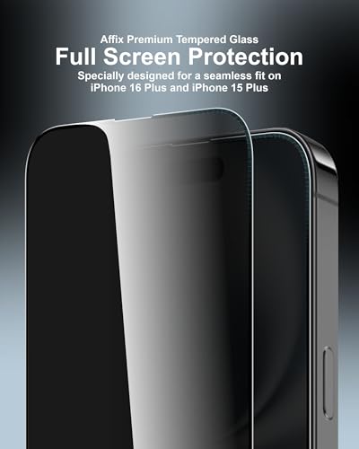 Image of Affix 2 Pack for Privacy iPhone 16 Plus and iPhone 15 Plus Full Coverage Tempered Glass, Screen Protector Guard with Easy Fix Installation Tool, 9H Hardness Shatterproof, HD Clear Scratch Resistant