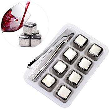 Whiskey Stones Gift Set With 8 Stainless Steel Ice Cubes, Reusable Stainless Steel Chilling Rocks & Tongs, Gift Box Packaging Gift for Men