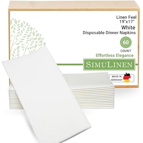 SimuLinen White Dinner Napkins Disposable Linen Feel Napkins Cloth-Like Folded Paper, Soft and Strong 19"x17" - Box of 60 Cover