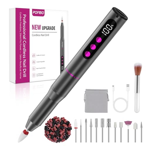 POFIBO Cordless Electric Nail Drill 12 in 1 Rechargeable Electric Nail File Kit with LCD Display 5 Adjustable Speeds 35000RPM for Acrylic & Gel Nails Manicure & Pedicure