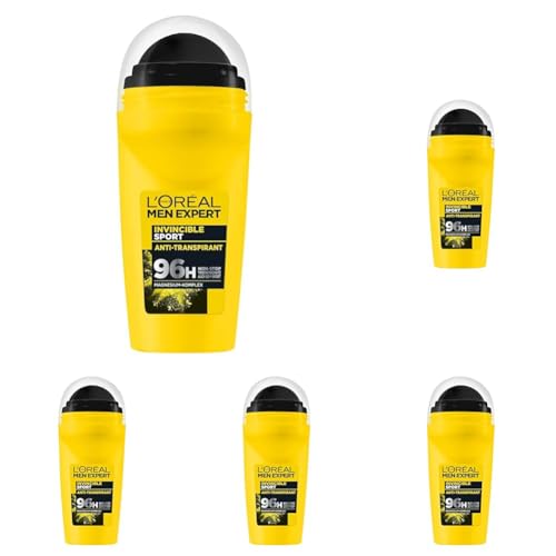 L\'Oréal Men Expert Deo für Männer, Effektiver Sport Deoroller ohne Alkohol, Trockenschutz für bis zu 96 Stunden Frische, Invincible Sport, 1 x 50 ml (Packung mit 5)