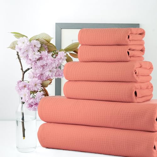 Image of Casa Copenhagen, Egyptian Cotton - Waffle Terry Towel 6 Piece Set, Includes 2 Bath Towels 2 Hand Towels 2 Washcloths - Malibu Peach