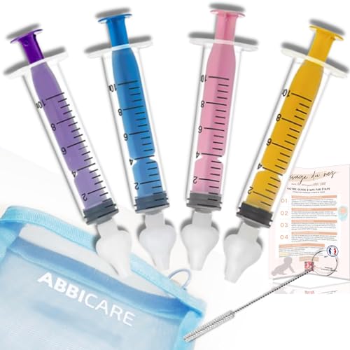 Jeringa lavado nasal bebe 10ml ABBICARE™ sin BPA-CE | Kit 4 jeringas con adaptador de silicona + 1 cepillo de limpieza | Kit puericultura suero fisiológico higiene nasal