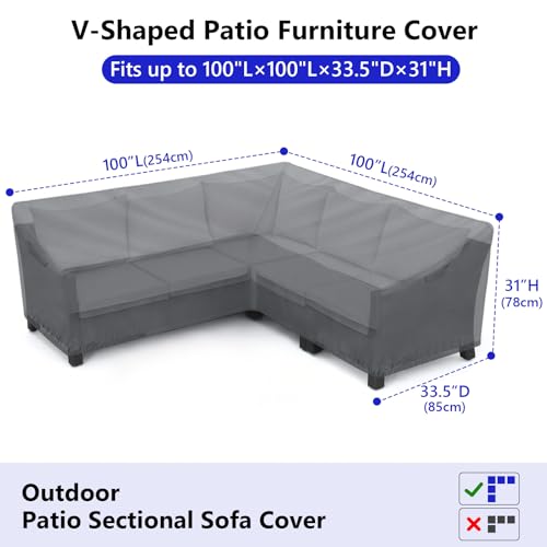 STARTWO Outdoor Sectional Sofa Cover Waterproof 100" Lx100 L V-Shaped Patio Furniture Cover for 5-7 Seater Sectional Couch,Windproof with Buckles,Grey by STARTWO - Image 2