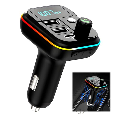 EuAcesry Transmisor FM Bluetooth 5.0, ransmisor FM Bluetooth Coche, 2 USB+PD, Inalámbrico Reproductor Adaptador Bluetooth Mechero Coche, Carga Rápida con 7 Luz RGB, HiFi Música