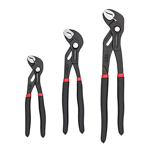 Amazon Basics 3-Piece Quick Release Groove Joint Pliers Set, Drop Forged Chrome Vanadium Steel with Comfortable Rubber Grip, Adjustable, 7-inch, 10-inch, and 12-inch, Black