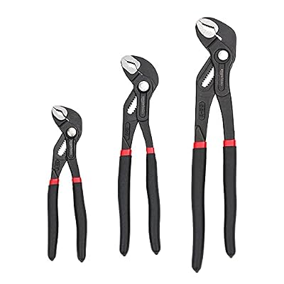Amazon Basics 3-Piece Quick Release Groove Joint Pliers Set, Drop Forged Chrome Vanadium Steel with Comfortable Rubber Grip, Adjustable, 7-inch, 10-inch, and 12-inch, Black