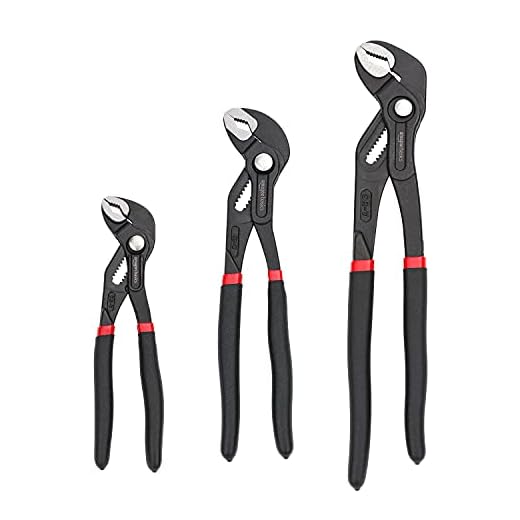 Amazon Basics 3-Piece Quick Release Groove Joint Pliers Set, Drop Forged Chrome Vanadium Steel with Comfortable Rubber Grip, Adjustable, 7-inch, 10-inch, and 12-inch, Black