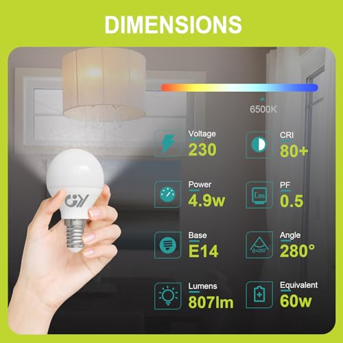 GY E14 LED Bulbs Cool White G45 Energy Efficient, 4.9W 6500K 807 Lumen Energy Saving Replaces 60W, 280° Non-dimmable, 12 Pack