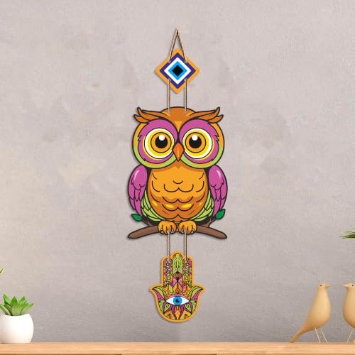 Image of Artvibes Owl Evil Eye Protection Wall Hanging for Home Entrance | Lucky Owl MDF Nazar Battu Decor | Decorative Vastu Wall Art for Bedroom | Office | Balcony & Living Room | Home Accent (WH 8528N)