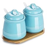 HAOTOP Ceramic Sugar Bowl 2 Pack, PorcelainJar with Tray, Spoon and Lid for Sugar, Pepper, Coffee, S