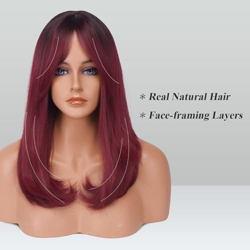 Image of FESHFEN Wigs with Bangs for Women, Synthetic Natural Looking Ombre Wine Red Long Layered Straight Auburn Hair Wig for Women Daily Party Use, 18 inch