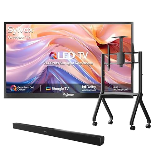 SYLVOX Outdoor TV with Rolling Stand & Soundbar, 43 inch Smart QLED TV, 2000 Nit Full Sun, Weatherproof, 4K UHD, IP56 Waterproof, Commercial Grade (2026 Model)