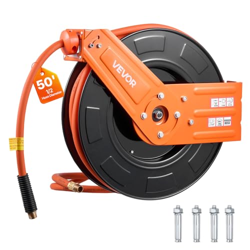 VEVOR Retractable Air Hose Reel 1/2 Inch x 50 FT Rubber Air Hose Max 300PSI Auto Rewind Air-Compressor Hoses Reel with 5 ft Lead in Ceiling/Wall Mount for Garage Workshops
