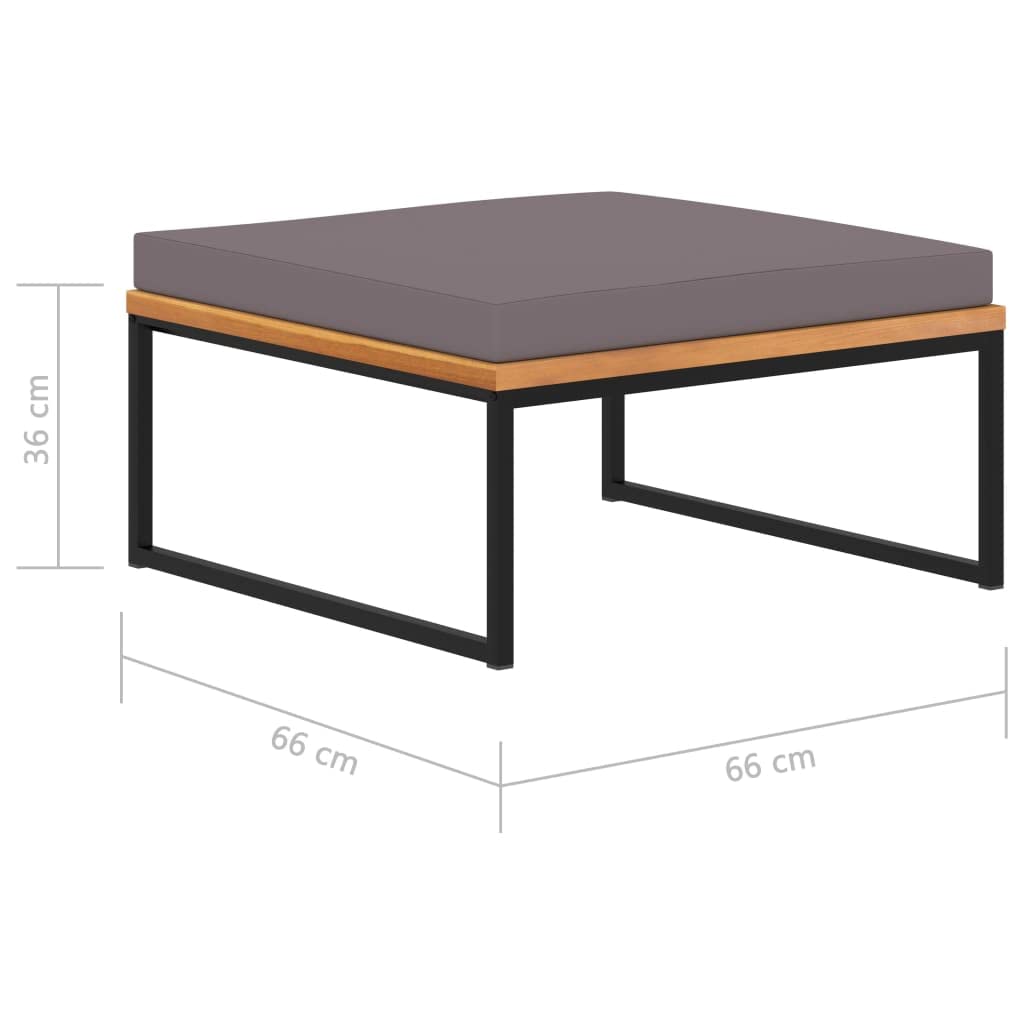 Reposapiés con cojín de 66 x 66 x 36 cm, reposapiés de madera de acacia maciza, reposapiés gris oscuro con estructura de acero pulverizado, reposapiés decorativo como adicional