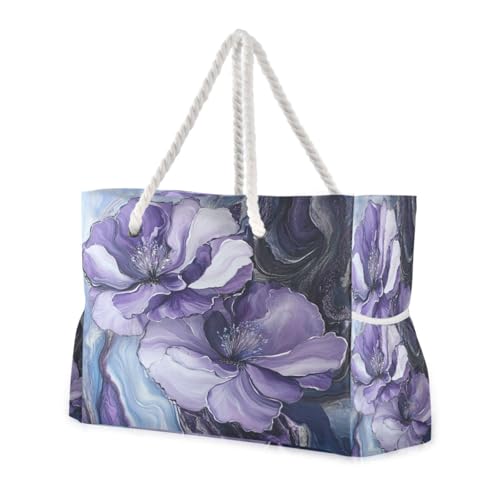 Purple Marble Flowers Beach Bag & Travel Tote Bag Large Sandproof with Zipper Closure, Wet Pouch for Swim Gym Travel, Lightweight Foldable Outdoor Bag
