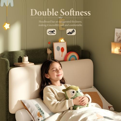 Image of Garvee Twin Size Bed Frame with Recessed Shelf for Kids- Green & Beige