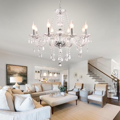Baotree Modern Elegant 8 Lights K9 Crystal Glass Chandelier Pendant Ceiling Lighting European Style for Dining Living Room Bedroom Transparent, 8 E12 Bulbs Required