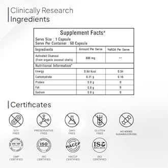 Miduty Activated charcoal 600 mg | Edible Coconut Shell Charcoal For Detox Body, Jet lags, Detox Alcohol | Pack - 60 capsules